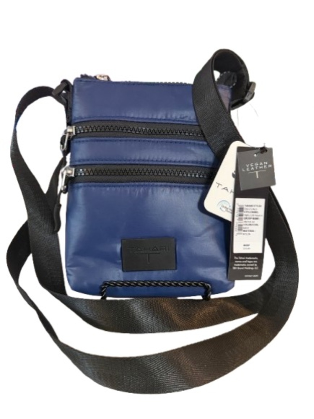 Tahari “On The Go”Triple Zip Navy Blue Nylon Crossbody Bag NWT
